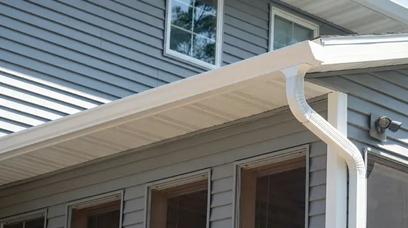 Professional home remodeling project showing newly installed white seamless gutters and downspouts on a house with gray siding in Raleigh, NC