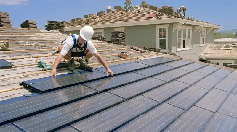 Roof replacement expert installing modern solar shingles on a residential home in Raleigh, NC
