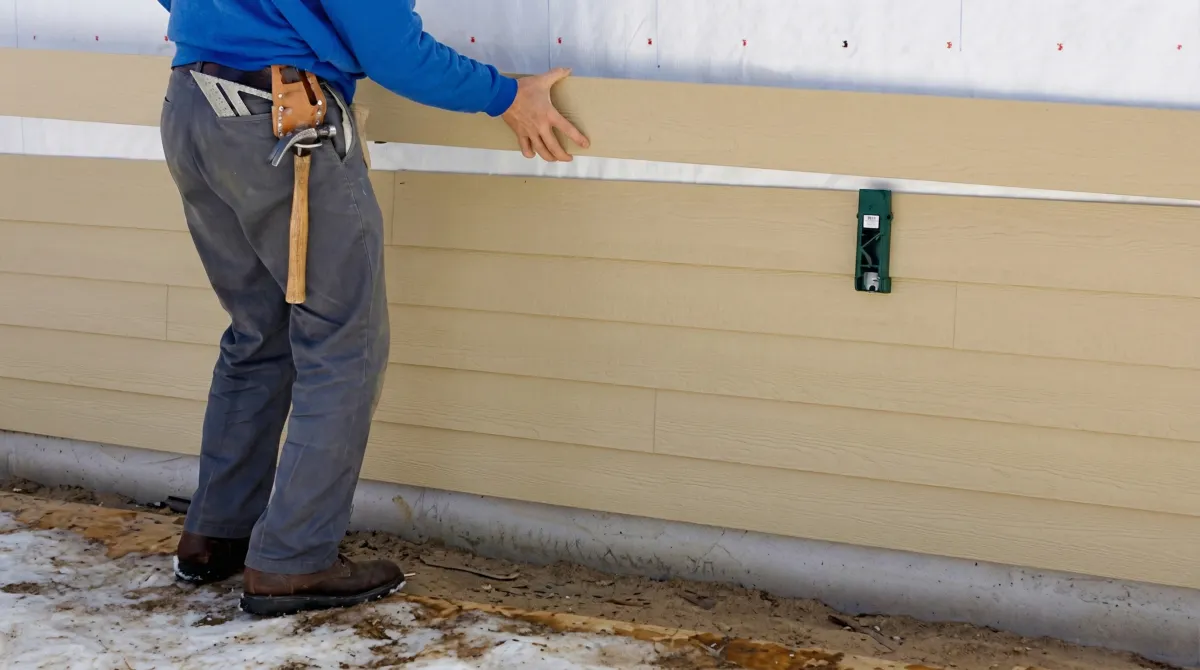 Siding replacement expert carefully aligning a new tan siding panel onto a residential exterior wall in Raleigh, NC