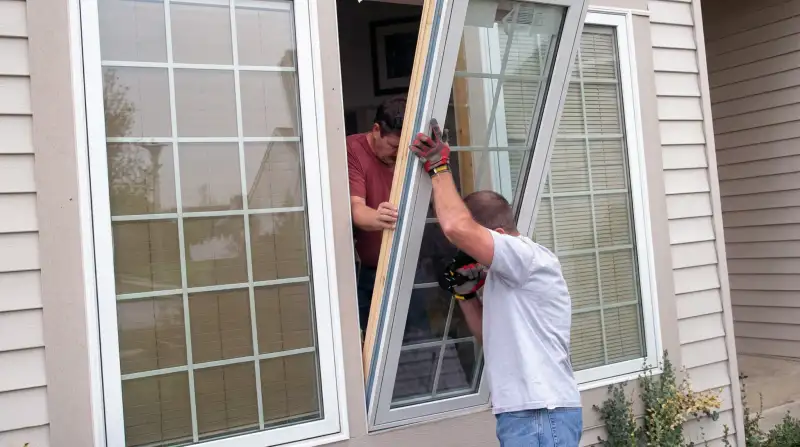 Professional home remodeling team installing a large replacement window on a house with tan siding in Raleigh, NC